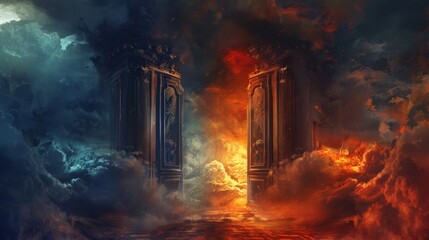 Dramatic portrayal of heaven and hell doors, hell with burning flames and screams, heaven serene and welcoming, both enveloped in darkness and mist