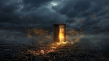 Dramatic scene of a heaven and hell door standing in an open field at night, light shining through, surrounded by dark mist and cobwebs