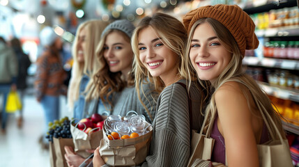 Group of happy friends shopping in store.