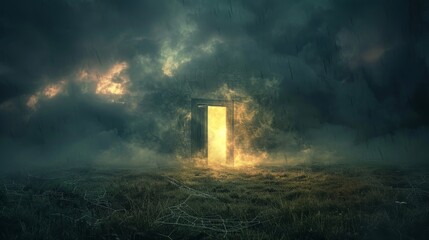 Dramatic scene of a heaven and hell door standing in an open field at night, light shining through, surrounded by dark mist and cobwebs