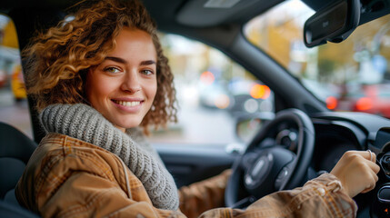 Happy woman driving her new electric car.