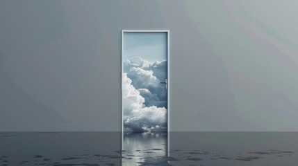 Fototapeta premium Dream-like scenery captured through a gray door, showcasing clouds and a reflective lake, designed to grow with a young person's changing tastes