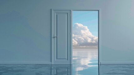 Dream-like scenery captured through a gray door, showcasing clouds and a reflective lake, designed to grow with a young person's changing tastes