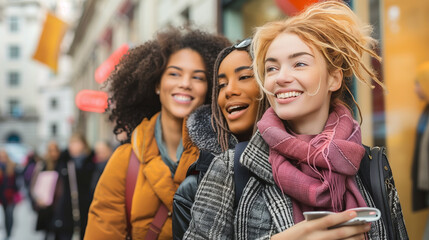 Multiracial group of women shopping and walking in the city.