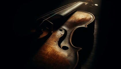 A close-up of an old, textured violin resting in the shadows with a single ray of light illuminating its strings and wood grains.