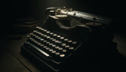 A vintage typewriter sitting in the dark, with the keys softly highlighted by a dim light source from above.