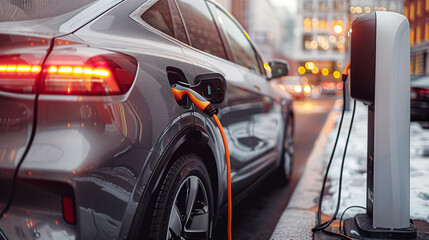 Close-up of electric car charging, ecology transportation conept.