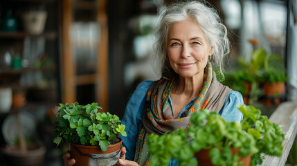Portrait of beutiful mature woman taking care of plants on balcony. Spending free weekend at home.