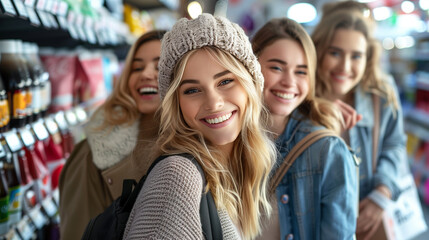 Group of happy friends shopping in store.
