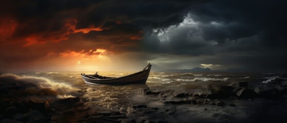Fishing boat on the horizon under dramatic stormy skies,