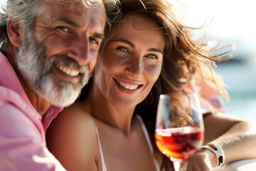  Mature Caucasian couple enjoying a romantic moment with glasses of wine by the sea, savoring life together. - Powered by Adobe