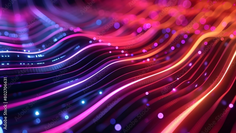 Poster neoncolored abstract stripes on digital background symbolize futuristic technology and data flow . c