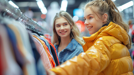 Fototapeta premium Girl friends shopping for clothes in store.