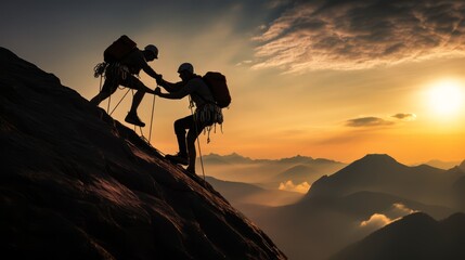 Image capturing the silhouette of two climbers on a mountain, illustrating teamwork with one helping the other over an obstacle, under a dusky sky,