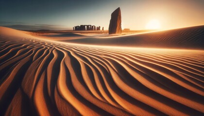 An artistic representation of the intricate patterns made by the wind in the sandy foreground, with the monolith standing tall in the back.