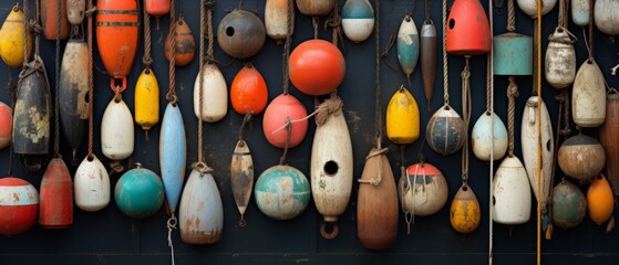 A collection of fishing floats and buoys, colorful and textured,