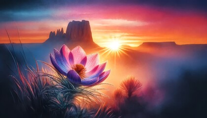 A depiction of a native flower of the region, its petals open, basking in the glow of the rising sun with the formation subtly hinted at in the distan.