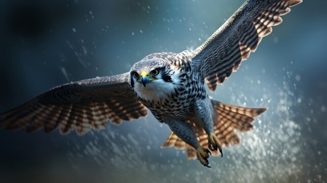 A peregrine falcon diving at high speed toward its prey, a moment frozen in time that displays extreme hunting tactics,