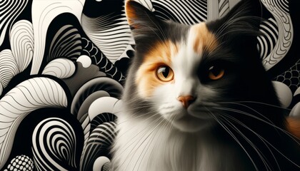 A close-up of a calico cat with a backdrop of abstract monochrome patterns, offering a stark...