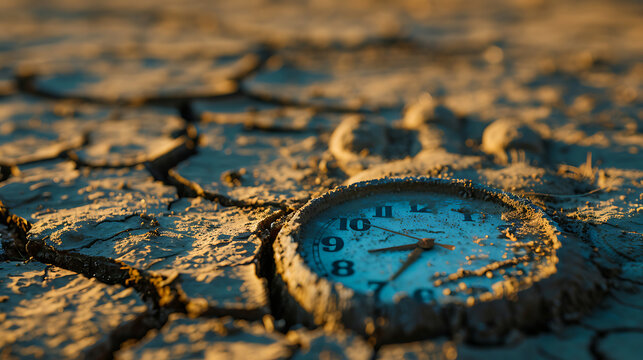 Grunge style conceptual image of close up clock face on dried and cracked landscape. Generative AI illustration 