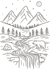Line art of a landscape featuring a mountain peak with pine trees. AI generative.