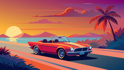 Fototapeta premium Tropical Sunset Drive with Vintage Convertible on Coastal Road