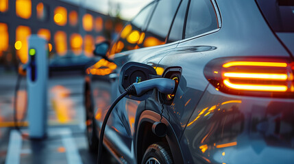 Fototapeta premium Close-up of electric car charging, ecology transportation conept.