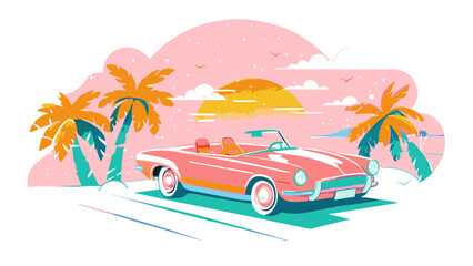 Vibrant Summer Road Trip with Retro Convertible Car and Tropical Palms