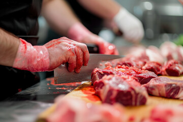 Professional butcher precisely cutting fresh meat in a modern kitchen, following strict health and safety standards.