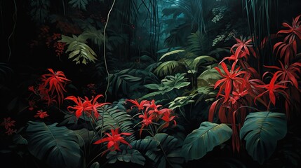 Dark tropical forest illustration with large green and red foliage
