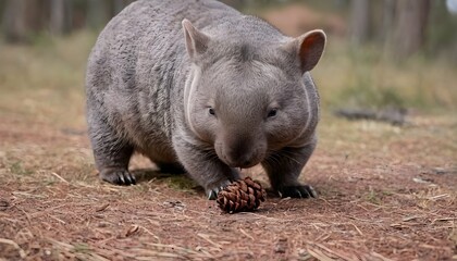 A Curious Wombat Sniffing A Pinecone  2
