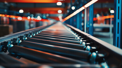 Conveyor belt in a warehouse transporting packages during daytime operations