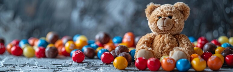 Horizontal banner, International Children's Day, teddy bear, many colored candies on light background, children's treat, copy space, free space for text, default image, 4k wallpaper, event background 