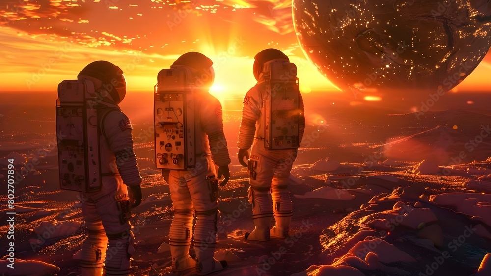 Poster astronauts in space suits stand in line facing a marslike planet at sunset. concept space exploratio