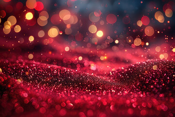 Red glitter background with bokeh lights and rays of light. Created with Ai