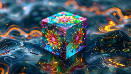 Colorful psychedelic mandala cube on LSDinspired waves background created with technology. Concept Technology Art, Psychedelic Design, Mandala Cube, Colorful Waves, LSD-inspired