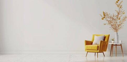 yellow chairs on white wall background with copy space and green plants beside