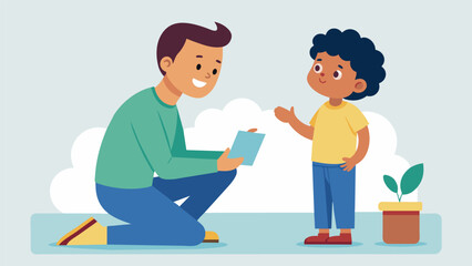 A parent and child using roleplaying to practice and improve certain social skills such as initiating conversations or making eye contact.. Vector illustration