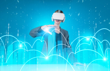 Caucasian architect wearing VR headsets and designing building construction. Professional civil engineer working and planning about house structure by using visual reality simulation. Contraption.