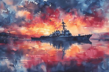 Fototapeta premium Majestic Warship at Sunset in Calm Waters Captured in Vibrant Watercolor Symbolizes Strength and Remembrance on Memorial Day 