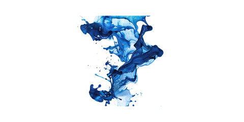 A blue and white water splash, with ink color flowing on the surface of the liquid. The colors blend together to create an abstract shape that resembles a dragon or phoenix. It is set against a pure w