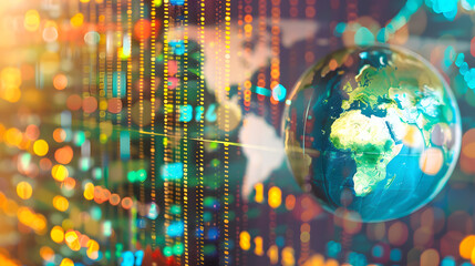Businessman analyzing a graph of future market trends. futuristic city skyline with holographic projections of financial data and trade patterns, showcasing the integration of technology in finance.