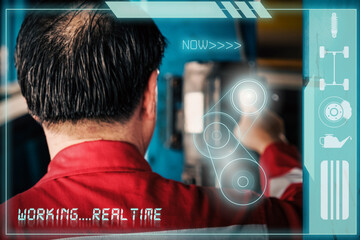 Car mechanic inspects car using technology and computer show resault at virtual screen.