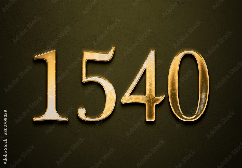 Wall mural old gold effect of 1540 number with 3d glossy style mockup.