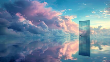 Surreal view through an old door, showcasing a tranquil lake reflecting clouds, surrounded by a dreamy pastel-toned sky