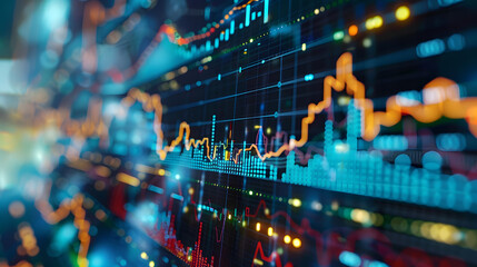 Businessman analyzing a graph of future market trends. futuristic city skyline with holographic projections of financial data and trade patterns, showcasing the integration of technology in finance.