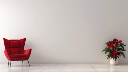 red chairs on white wall background with copy space and green plants beside