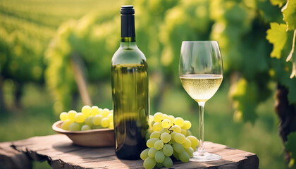 green grapes, white wine and one bottle of white wine vineyards in the background
