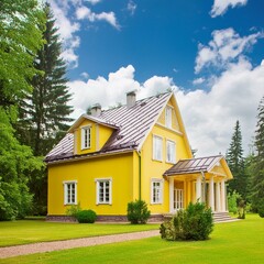 Naklejka premium Luxury yellow house in the village, house in the village, Ai Generate 
