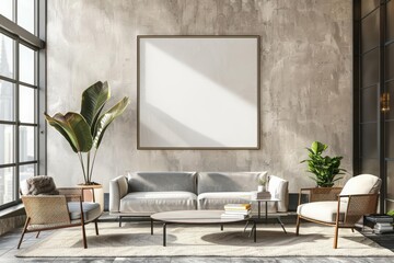 A 3D mockup frame hangs above a minimalist modern interior, showcasing simplicity and elegance, 3D render sharpen